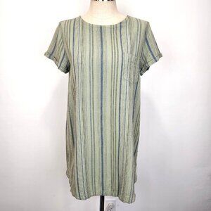 Anthropologie Cloth And Stone Back Button Shift Dress L Sage Green Striped Linen